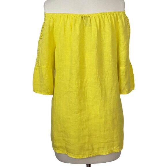 Terzo Millennio Yellow Linen Top Blouse Women Size S Open Shoulders Relaxed Fit - Picture 6 of 14